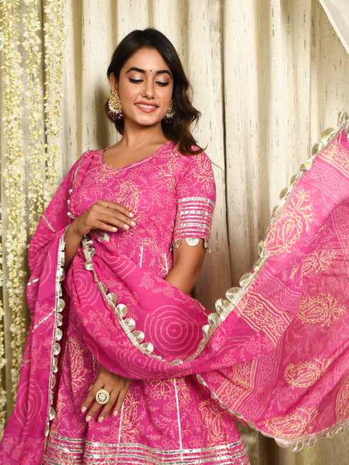 MULMUL DARMIKA PINK BLOCK PRINTED FLARED KURTA-SHARARA & DUPATTA SET MULMUL DARMIKA PINK BLOCK PRINTED FLARED KURTA-SHARARA & DUPATTA SET